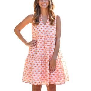 J Marie Summer Sleeveless Dress M Tiered Pink Orange V Neck Mini Pockets